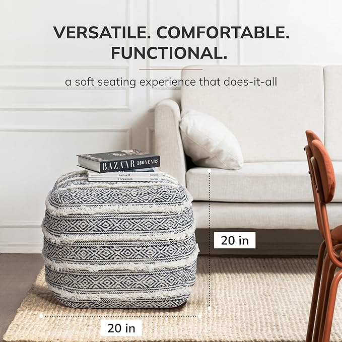 Anji Mountain Pouf Ottoman Foot Rest, Handmade Ottoman Pouf, Comfortable Foot Stool, Decorative Floor Seating for Living Room Decor, Bedroom & Home Décor Accent - Carbon Fringe