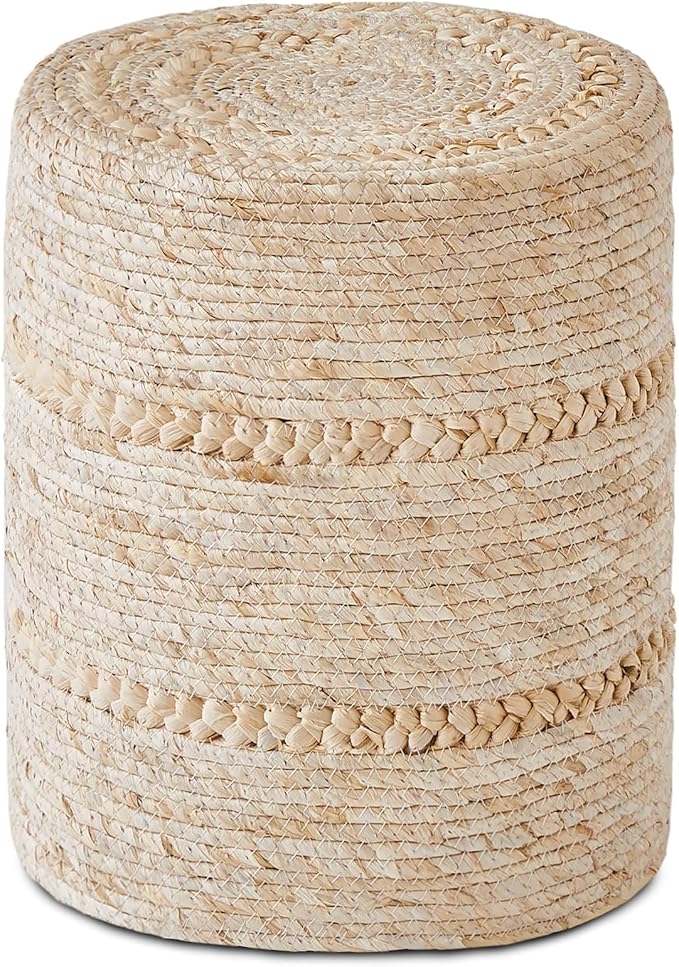 Wimarsbon 2Pcs Pouf Ottomans, Natural Seagrass Foot Stool, Hand Weaving Round Ottoman, Boho Decorative Seat, Jute Braided Pouffe Poof Accent Sitting Footrest for Living Room (Corn Husk)