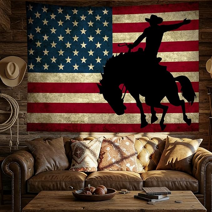 LB Western Cowboy Tapestry Vintage American Flag Tapestry for Bedroom Cool Man on Black Horse Tapestries Wall Hanging for Living Room College Dorm Wall Decor,60x40 inches