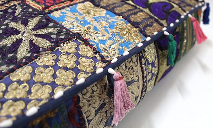 Mam Treasures Indian Bohemian Decorative Pillow Vintage Cushion Cover Patchwork Square Floor Pillow Cover Meditation Cushion Large Floor Pillow Indian Cushion (Dark Blue, 16 X 16 X 5 Inch)