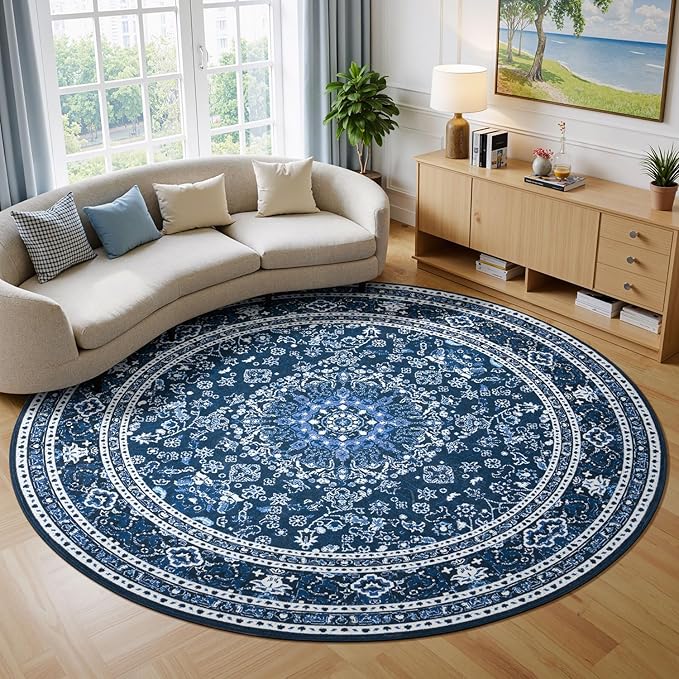 Lessymo 6FT Washable Round Area Rugs for Living Room, Non Slip Circle Rugs Low Pile Vintage Carpet for Bedroom, Dining Room, Nursery, Home Office, Blue White
