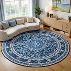 Lessymo 6FT Washable Round Area Rugs for Living Room, Non Slip Circle Rugs Low Pile Vintage Carpet for Bedroom, Dining Room, Nursery, Home Office, Blue White