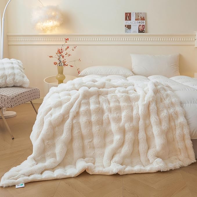 LIFEREVO Luxury Fluffy Faux Rabbit Fur Blanket, Plush Fuzzy Bubble Throw for Couch Sofa, Ivory Comfy Furry Bed Blanket Home Decoration, Aesthetic Shaggy Throw for Bedroom Living Room, 60x90, Beige