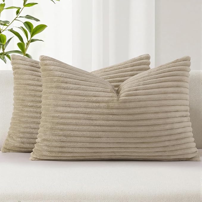 Simmore Decorative Spring Throw Pillow Covers 12x20 Set of 2, Soft Natural Plush Flannel Double-Sided Fluffy Lumbar Pillow Covers for Couch Sofa Living Room, Light Brown