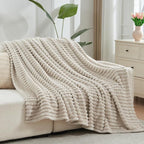 NEWCOSPLAY Super Soft King Blanket Linen Premium Silky Flannel Fleece 3D Ribbed Jacquard Lightweight Bed Blanket All Season Use (Linen Ribbed, King(90"x110"))
