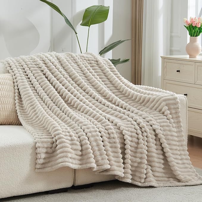 NEWCOSPLAY Super Soft Twin Blanket Linen Premium Silky Flannel Fleece 3D Ribbed Jacquard Lightweight Bed Blanket All Season Use (Linen Ribbed, Twin(60"x80"))