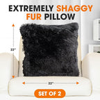 Cheer Collection Throw Pillows for Couch and Bed, Soft Shaggy Throw Pillows with Inserts Included, Cozy Long Hair Faux Fur Pillows - Set of 2-22" x 22" Black