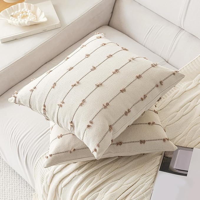 Boho Throw Pillow Covers 16x16 Set of 2 Modern Farmhouse Decorative Cushion Case Tufted Square Pillows Cover Neutral Pillow Cases Accent Pillowcase for Sofa,Couch,Bed,Beige and Khaki
