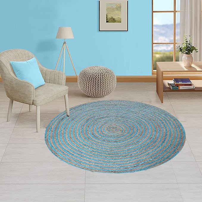 Circle Area Rug - 3 Ft' Round Blue Natural Chindi Cotton Jute Mat Geometric Kilim Rug Indoor Outdoor Use Flatweave Rugs for Bedroom Bedside Round Dining Table Mat Hall & Kitchen