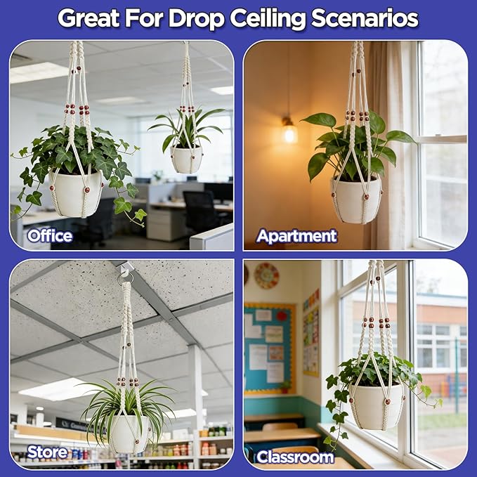 2 Pack Macrame Plant Hanger with Drop Ceiling Hooks, Hanging Planter with Wooden Bead, No Tassels for Indoor Outdoor Boho Office Classroom Decor, 35 Inches (Pots Not Included)