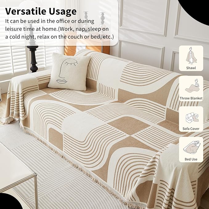 Boho Couch Cover Sofa Covers Washable, Chenille Couch Covers for 3 Cushion Couch Sofa Pet Friendly, Bohemian Sofa Slipcovers for Sectional Sofa, Loveseat, 2 3 4 Seater (71" x 102", Khaki)