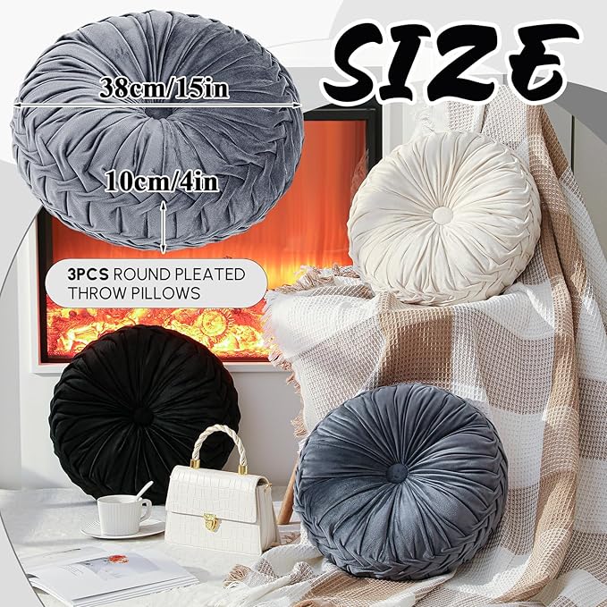 Round Throw Pillows Decorative Pleated Throw Pillows 15'' Diameter Accent Pumpkin Boho Chair Cushion for Couch Sofa Home Decoration(Black, White, Gray,3 Pcs)
