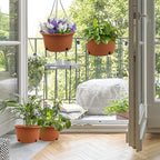 4 Pack 10 Inch Hanging Planters for Indoor Plants, Hanging Baskets for Plants Outdoor with Removable Tray, Plastic Round Hanging Flower Pots with Drainage Holes for Garden Home Decoration (Terracotta)