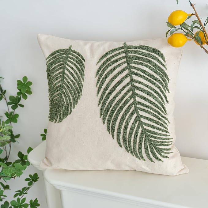 Linen Green Leaf Throw Pillow Cover, Square Pillowcase with Tufted Tropical Palm Leaves, Modern Decorative Cushion Sham for Rustic Spring Summer Home Outdoor Decor, 18x18 inches, 1PCS