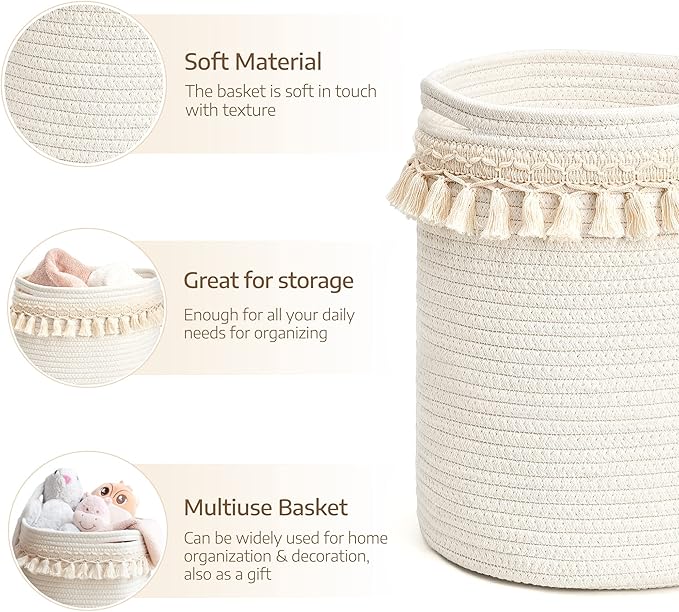 Mkono Macrame Decorative Cotton Rope Basket Boho Nursery Decor Small Cute Woven Tassel Closet Storage Bins Organizer for Baby Toys,Magazines, Potted Plants Cover,Living Room,Bedroom, 15.7"x19.6"