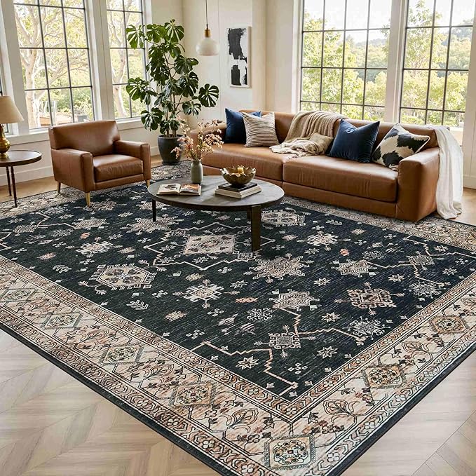8x10 Area Rugs for Living Room, Large Washable Rug, Black Vintage Boho Rug, Non Slip & Low Pile Faux Wool Carpet for Indoor Dining Room, Bedroom and Farmhouse(Black 8x10ft)