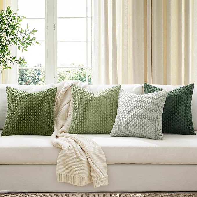 MIULEE Spring Sage Green Decorative Throw Pillow Covers for Couch Sofa Living Room Set of 4 Boho Gradient Cushion Covers Corduroy Rustic Fun Pillowcases Farmhouse Home Decor 18x18 Inch Forest Green