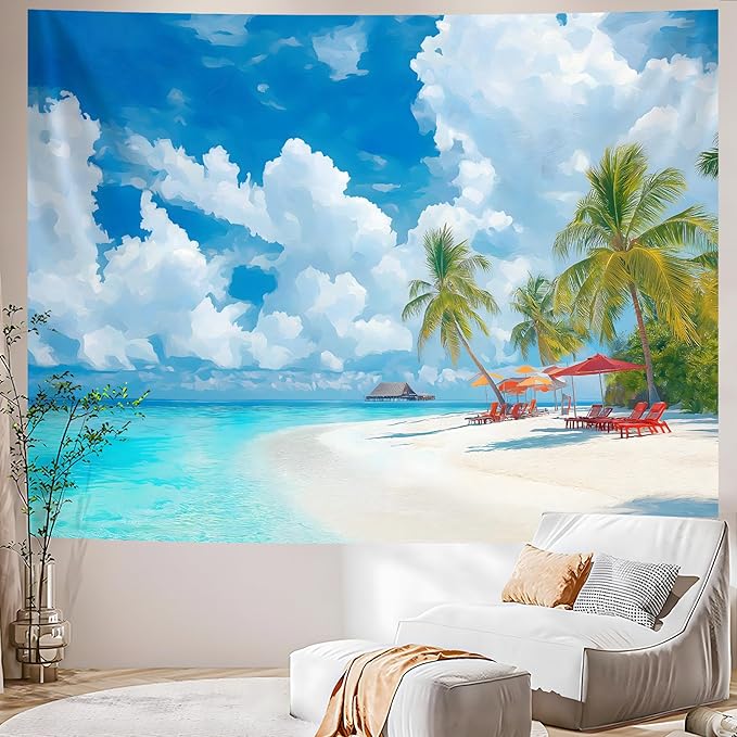 AOHMPT Ocean Sunset Tapestry, Beach Evening Sunset Tapestry, Natural Beach Palm Tree Landscape Poster, Seaside Landscape Wall Hanging for Bedroom, Dorm Room and Living Room Wall Decor 79" L x 59" W