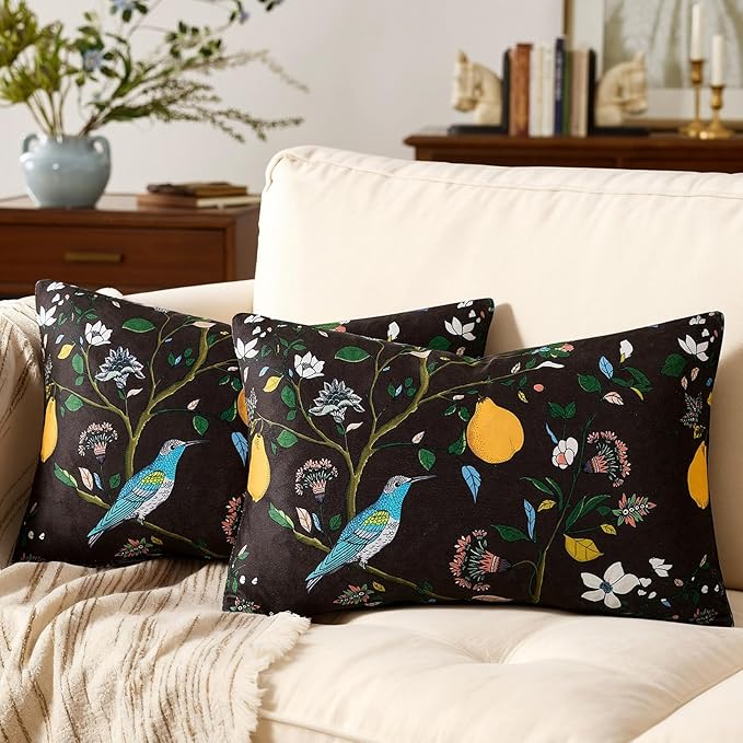 MUSSEL Brown Floral Pillow Covers 12x20 Set of 2, Velvet Wild Flower Plant Throw Pillows Case, Square Farmhouse Decor Cushion Covers for Home Sofa Bed Couch