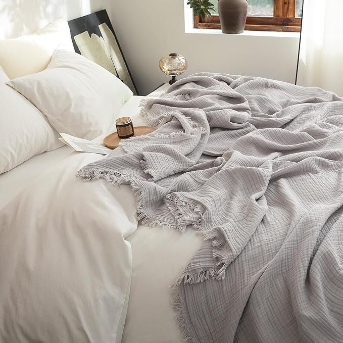 FOSSA Muslin Blanket with Fringe - 4-Layer 100% Cotton Gauze Super Soft & Breathable Throw -Lightweight Decorative Cooling Blanket for Bed, Sofa, Office (Grayish, Queen (90" × 90"))