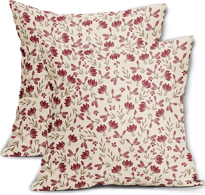 Brown Red Floral Pillow Covers 18x18 Set of 2 Vintage Rustic Old Style Cute Small Flower Print Decorative Outdoor Pillowcases Farmhouse Throw Cushion Case Decor for Couch Sofa Bed