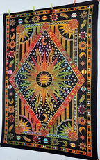 Popular Handicrafts Wall Hanging Tapestry For Bedroom Burning Sun and Moon Hippie Mandala Bohemian Hippy Psychedelic Design Indian Tapestries Bedspread 54x82 Inches (140cm x 210cm) White Multicolor