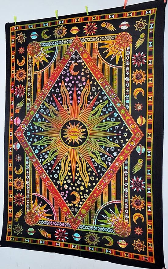 Popular Handicrafts Wall Hanging Tapestry For Bedroom Burning Sun and Moon Hippie Mandala Bohemian Hippy Psychedelic Design Indian Tapestries Bedspread 54x82 Inches (140cm x 210cm) White Multicolor