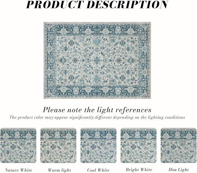 Area Rug 4×6, Vintage Boho Rug,Ultra-Soft Low Pile, Washable, Non Slip,Stain Resistant, Printed Carpet for Living Room Bedrooms Playroom Office Kitchen,Turquise/Cream