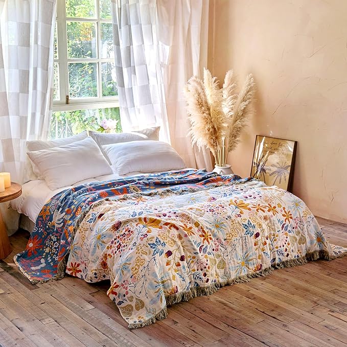 Boho Throw Blanket - 100% Cotton Throw Blankets for Bed Couch, 60"x80" Soft Muslin Lightweight Spring Throw Blanket, Cozy Floral Butterfly Printed Bohemain Bedding Decor Beige Throw Quilt