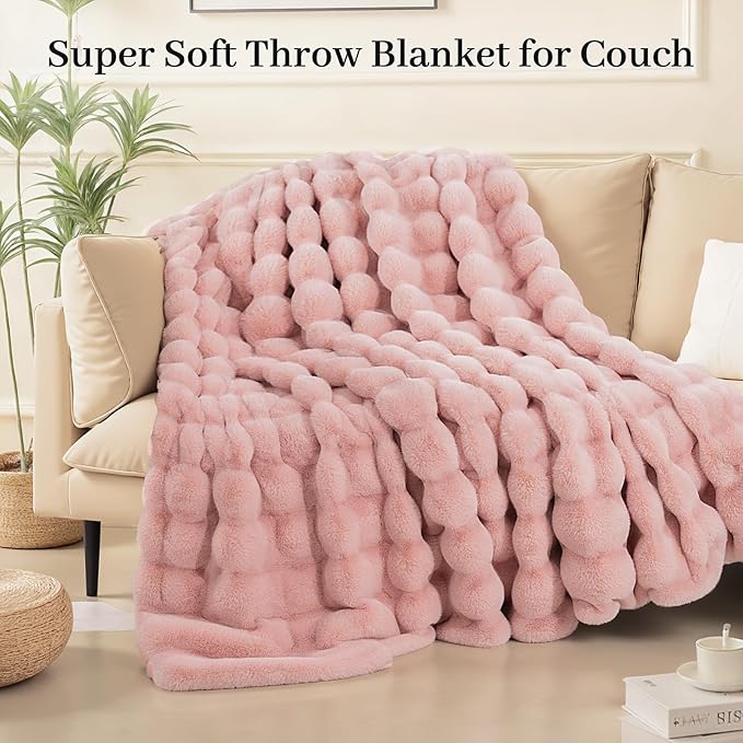 NEXHOME PRO Faux Fur Throw Blanket Pink, Luxury Soft Decorative Cozy Plush Long Shaggy Fluffy Blanket for Sofa Couch Bed Living Room, Reversible Puffy Thick Warm Blanket for Winter, 50"X60"