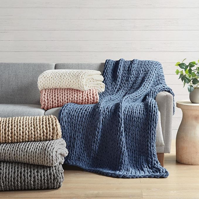 Madison Park Boho Throw Blanket, Soft Blanket Handmade Gift Home Decor, Lightweight & Breathable All Seasons Spring Chunky Knit Blanket, Knitted Throw for Couch, Bed Blanket, 50"x60" Tan