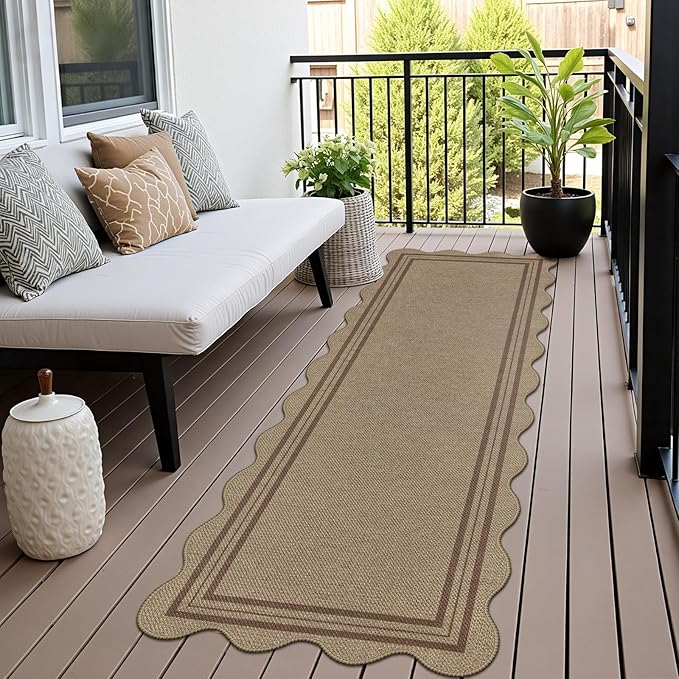 Scalloped Easy Jute Hallway Runner Rug, 2.6x8 Kitchen Non Slip Runner Washable Outdoor Indoor Long Rug, Farmhouse Morden Carpet for Porch Bedroom Laundry