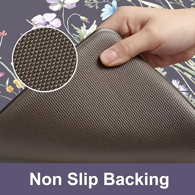 KIMODE Anti Fatigue Kitchen Mat, Farmhouse Floral Kitchen Rugs, Kitchen Floor Mats Non-Slip,Comfort Kitchen Mats for Floor Sink, Laundry, Office, Desk Dark Grey/Purple 17"x47"+17"x29"