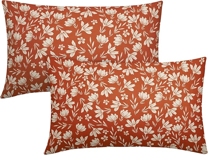 Burnt Orange Pillow Covers 12x20 Set of 2 Vintage Floral Rustic Old Style Cute Flower Print Rectangle Decorative Outdoor Pillowcases Seasonal Farmhouse Throw Cushion Case Couch Sofa Bed Decor