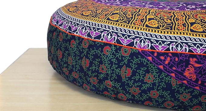 ICC Large Hippie Mandala Round Floor Pillow Cover Ottoman Pouf Cover Daybed Oversized Cotton Cushion Cover with Heavy Duty Zipper Seating Ottoman Poufs Dog-Pets Bed (Yellow 6 kaam Flower, 35" Round)