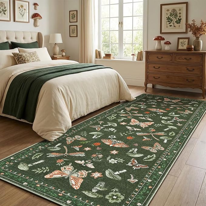 Mushroom 2.5x8 Runner Rug for Hallway Washable Kitchen Rugs Non Slip Low-Pile Whimsical Cottage Core Insect Bug Butterfly Funky Decor for Entryway Bathroom Bedroom Olive Green