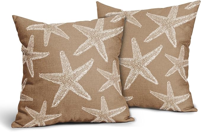 Kawani Tan Brown Starfish Ocean Pillow Covers 18X18 Inch Summer Nautical Coastal Beach Decorative Pillow Cases Set of 2 Cotton Linen Throw Pillows Seasonal Home Decor for Sofa Couch Cushion Outdoor
