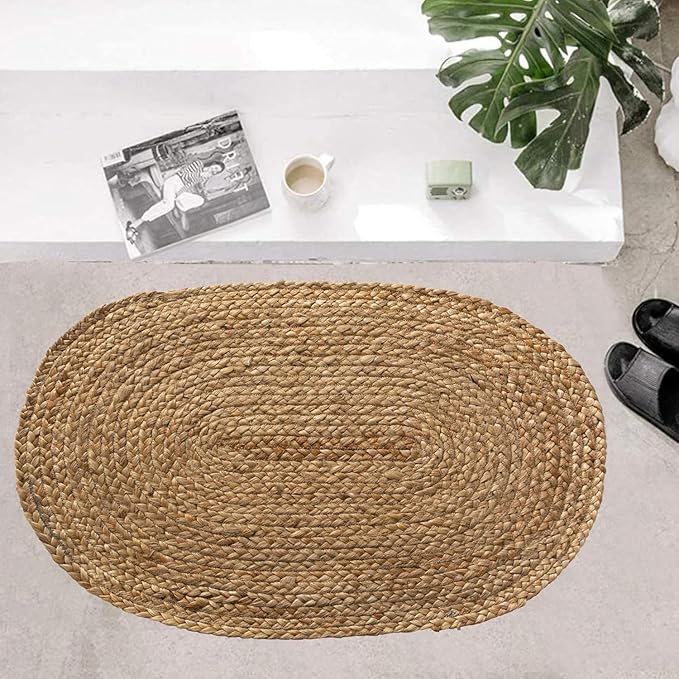 Chardin home Hand Woven Natural Jute Braided Rug -18x30 Inch Oval | Vintage Boho Reversible Doormat for Entryway, Front Door | Farmhouse Natural Fiber Rugs for Bedroom, Kitchen, Living Room