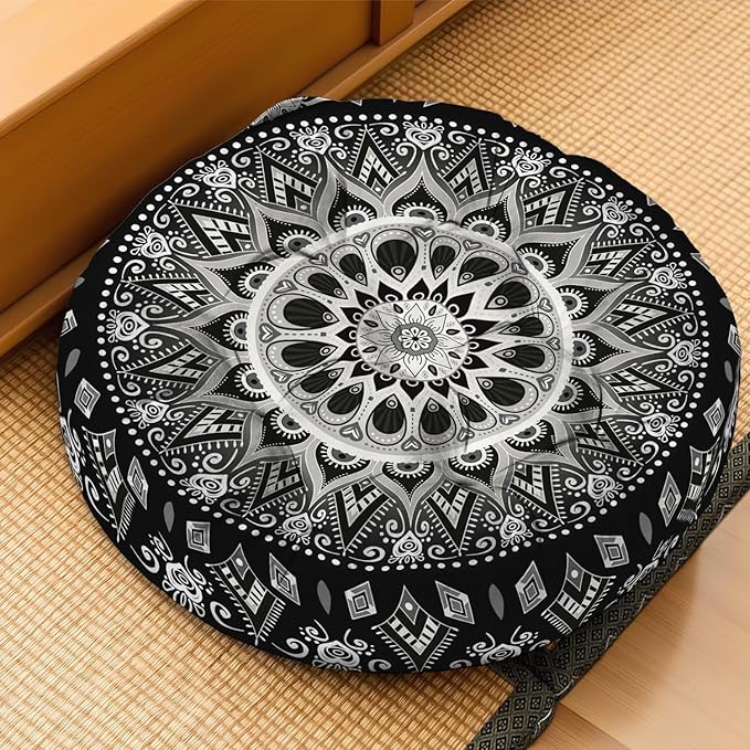 Mandala Meditation Cushion, Boho Meditation Mat, Meditation Pillows for Sitting on Floor, Cushions for Sitting in Home and Outdoor, Round Floor Pillows Cushion Seating for Yoga Accessories 22'' X 22''