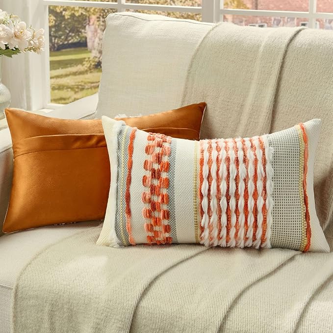 FUTEI Orange Accent Throw Pillow Covers Set of 2, 12x20 Inch Plush Tufted Striped Textured Decorative Pillow Cases for Farmhouse Boho Couch Decor