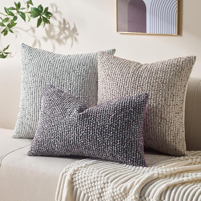 Decorative Lumbar Pillow Cover 12x20 Purple Striped Soft Wool Lumbar Throw Pillow Neutral Textured Boho Cushion Covers for Modern Farmhouse Sofa Bedroom Living Room Decor SY011-E12