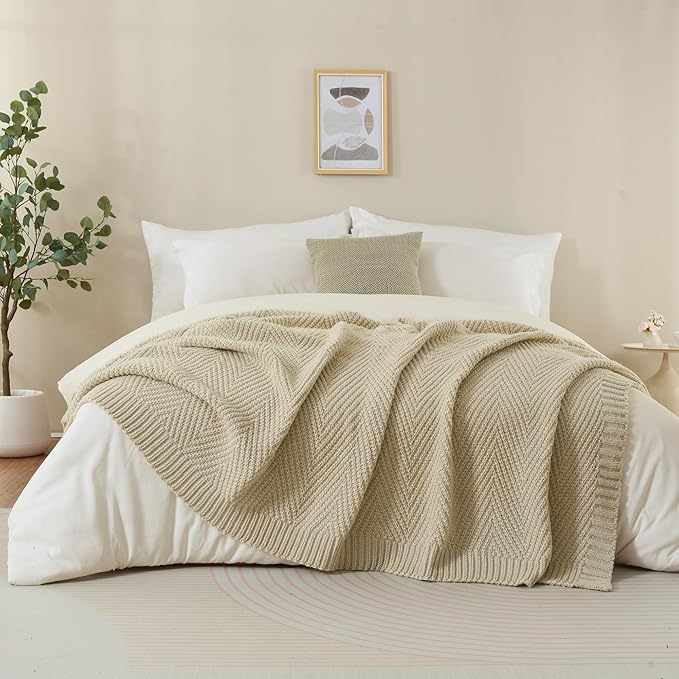Knitted Throw Blanket 50"X60", Light Beige Knit Throws for Bed, Super Soft Boho Chevron Blankets for Couch Sofa Chair Room Decor, Textured Decorative Farmhouse Cozy Lightweight