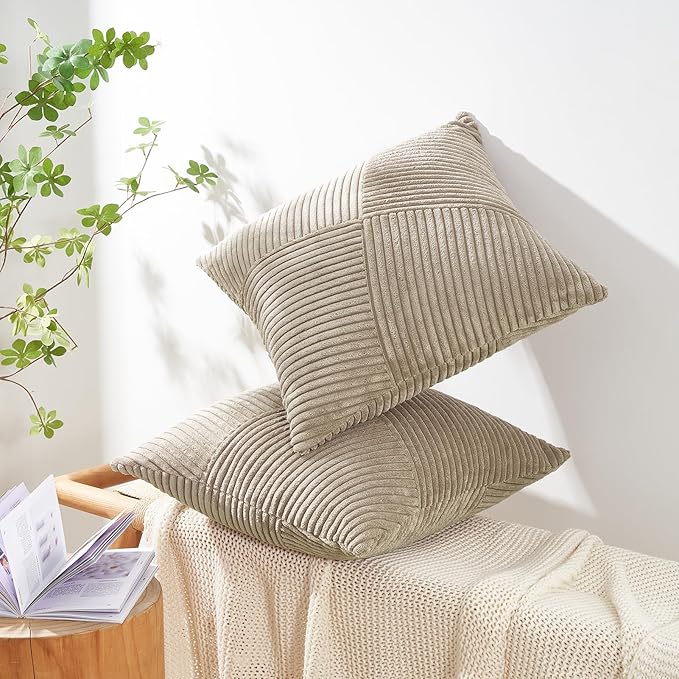 Topfinel Pillow Covers 16x16 Inch Set of 2 Decorative Lightbrown Soft Corduroy Boho Striped Throw Pillow Covers Patchwork Cushion Cases Cute Aesthetic Home Decor for Couch Sofa Bed