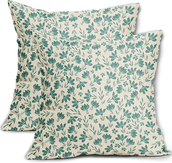 Aqua Floral Pillow Covers 22x22 Set of 2 Vintage Rustic Old Style Cute Small Flower Cream Print Decorative Outdoor Pillowcases Farmhouse Throw Cushion Case Decor for Couch Sofa Bed