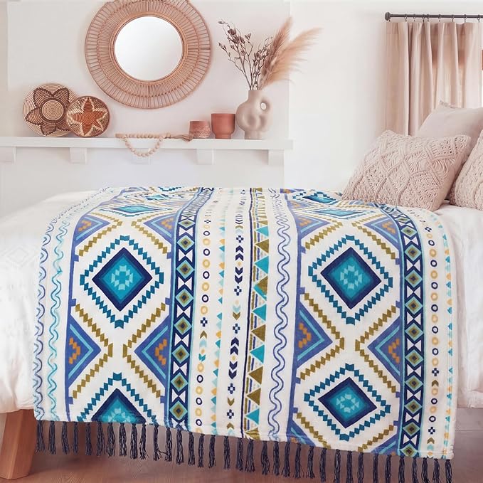CASAAGUSTO Boho Throw Blanket - Blue and White Decorative Blankets with Tassel, Printed Flannel Bohemian Blanket for Chair, Bed, Sofa, Couch(50 * 60, Blue and White)