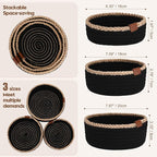 Sea Team 3-Pack Small Cotton Rope Storage Basket Set - Portable Round Organizers with Jute Braid for Small Items, Keys, Makeup & Trinkets