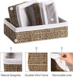 FairyHaus Seagrass Storage Baskets with Liner, Natural Small Seagrass Baskets, Hand-woven Nesting Wicker Baskets Set for Shelves Rectangle 3Pack (L+M+S)