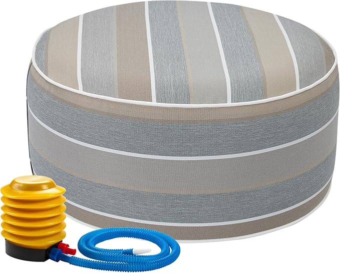 Outdoor/Indoor Inflatable Ottoman Pouf D20 xH9, All Weather Round Footstool with Foot Pump, Water Repellent Portable Footrest with Handle for Patio Garden Camping Travel-Grey Stripe