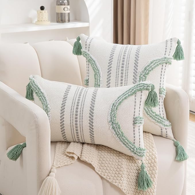 Boho Throw Pillow Covers 18x18 Set of 2 Cotton Woven Tufted Farmhouse Pillows Covers with Tassels Outdoor Neutral Green Decorative Pillowcases Square Textured Accent Cushion Cases for Couch Bed Sofa