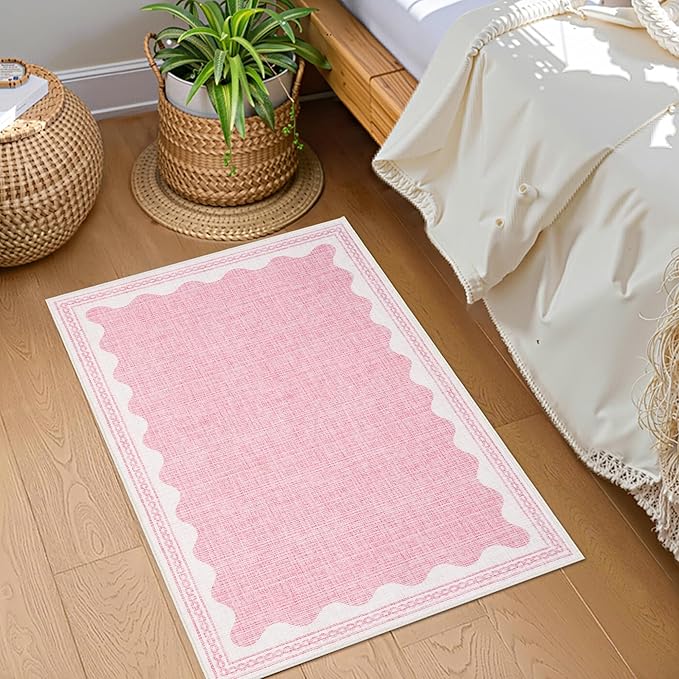 GarveeHome Door Mat Indoor Rugs for Entryway Small Rug 2x3 Washable Non-Slip Solid Pink Modern Minimalism Low-Pile Scalloped Throw Carpet for Girls Bedroom Kitchen Bathroom Entrance